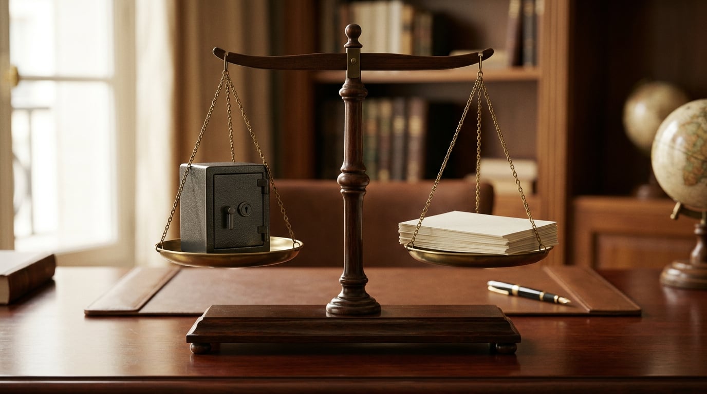 Une balance en équilibre entre un coffre-fort et une pile de documents symbolise la mise en balance des avantages et des risques avant de souscrire.