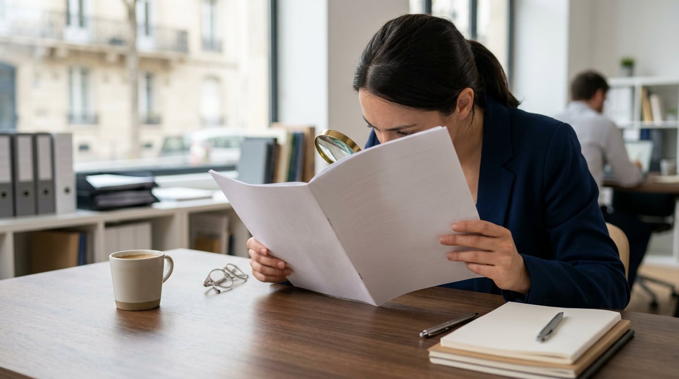 Une personne examine à la loupe un document avant de prendre une décision d'investissement.