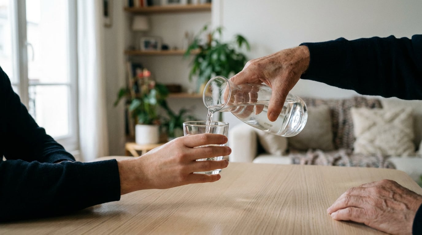 Gros plan sur deux mains de générations différentes : l'une verse de l'eau d'une carafe en verre, l'autre tient un verre prêt à la recevoir, au-dessus d'une table en bois dans une pièce baignée de lumière naturelle et de tons neutres.