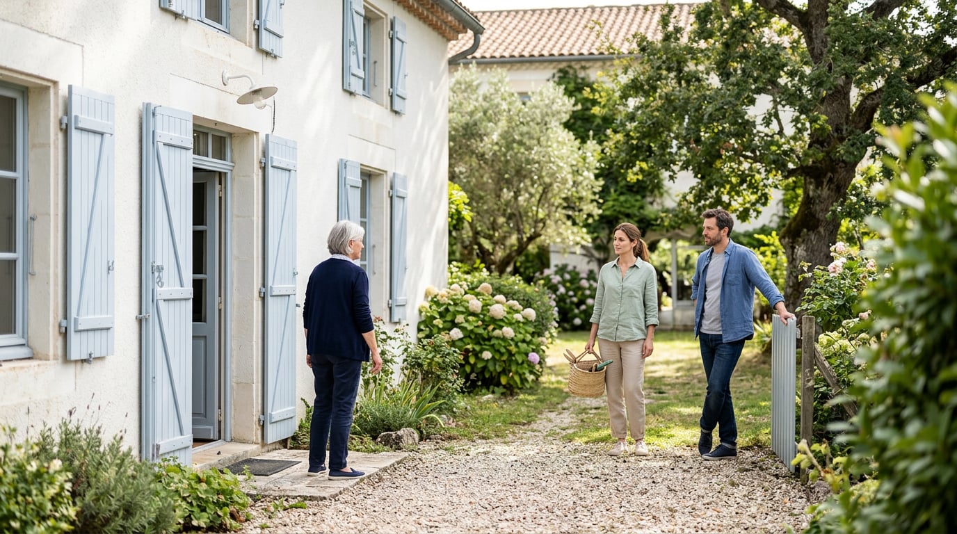 Une maison familiale dont la porte ouverte laisse voir une personne âgée accueillir deux adultes plus jeunes dans le jardin.
