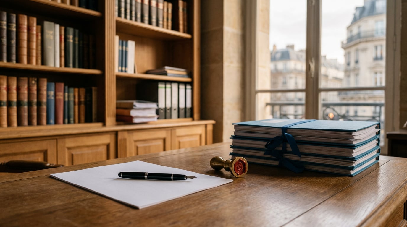 Un stylo posé sur une feuille blanche à côté d'un sceau de cire, sur le bureau d'un notaire.