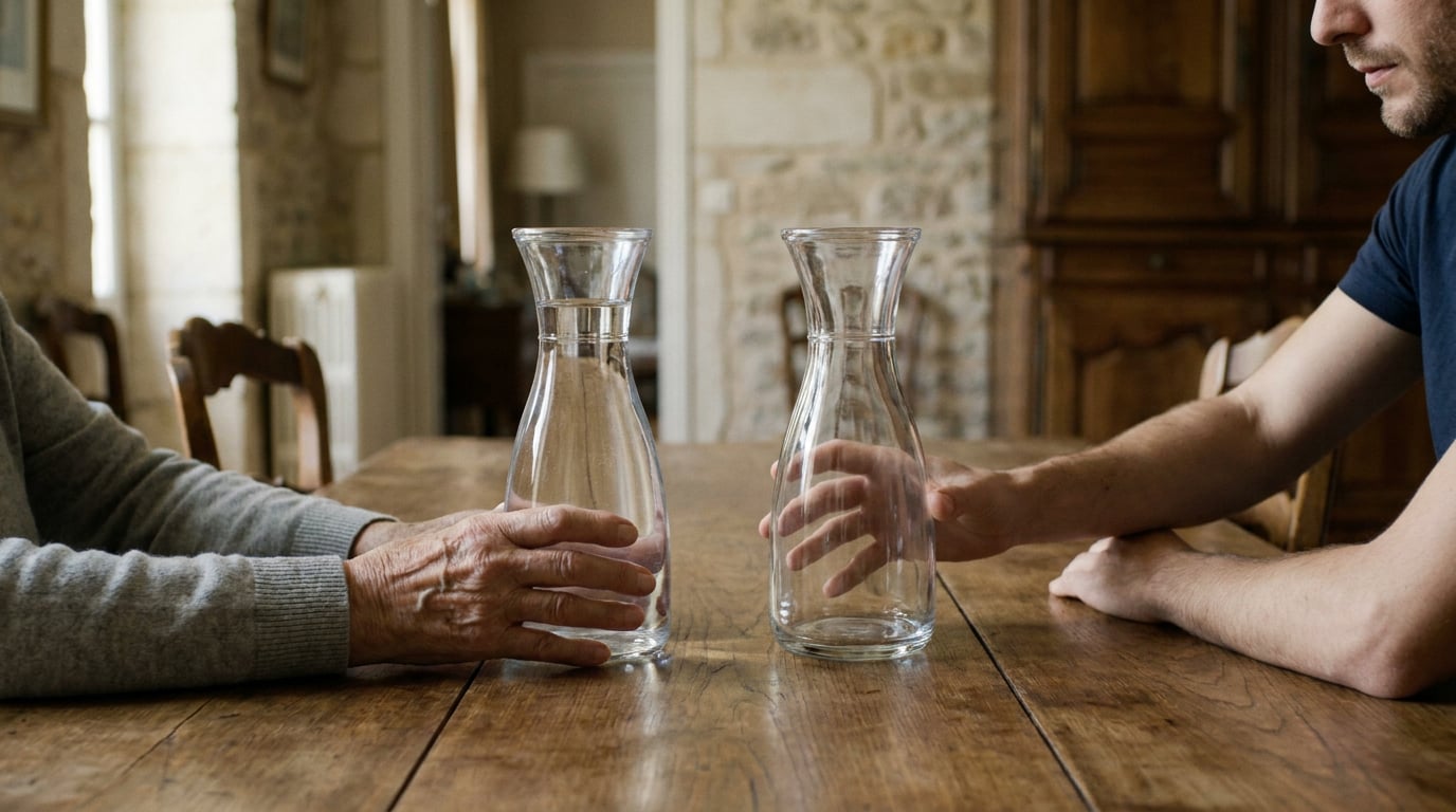 Deux carafes en verre identiques posées côte à côte sur une table en bois éclairée par la lumière du jour, l'une pleine d'eau et l'autre vide, entre les mains d'une personne âgée et d'une personne plus jeune assises face à face, évoquant un bien transmis à charge d'en rendre l'équivalent plus tard.