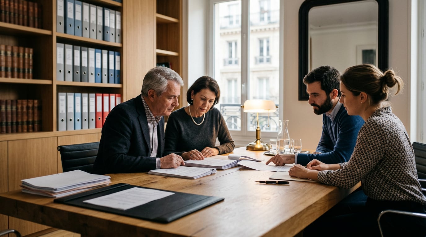 Une famille réunie autour d'une table signe des documents dans le bureau d'un notaire.