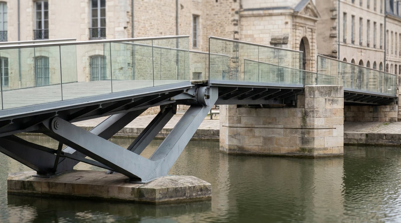 Passerelle moderne sur un bassin tranquille, section du tablier relevée et posée sur un appui, pilier de pierre émergeant de l'eau portant une ligne horizontale gravée marquant un niveau, sans texte ni chiffre visible, lumière douce de fin de matinée.