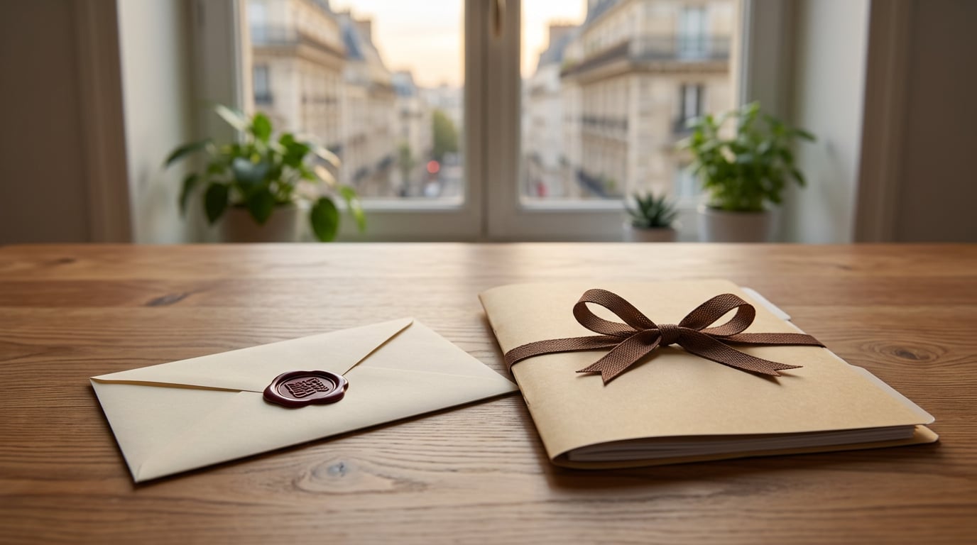 Une enveloppe scellée et un dossier fermé par un ruban sont posés sur un bureau, évoquant une épargne conservée à l'abri dans une enveloppe fermée.